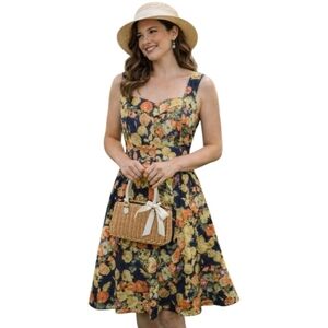 Garden Party Floral roses Sleeveless a line Dress navy yellow cream orange M 6/8
